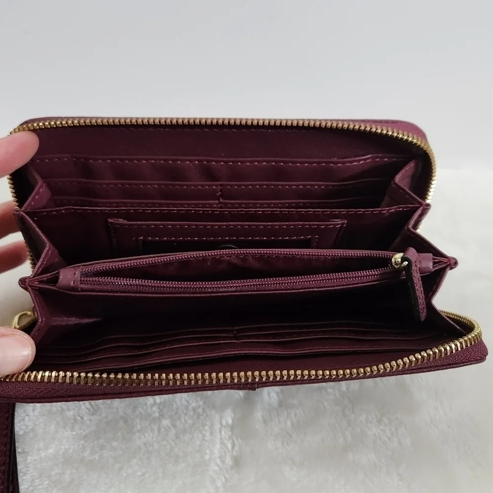Liz Claiborne Erica Zip Around Faux Leather Gold Dark Wine Wristlet Wallet